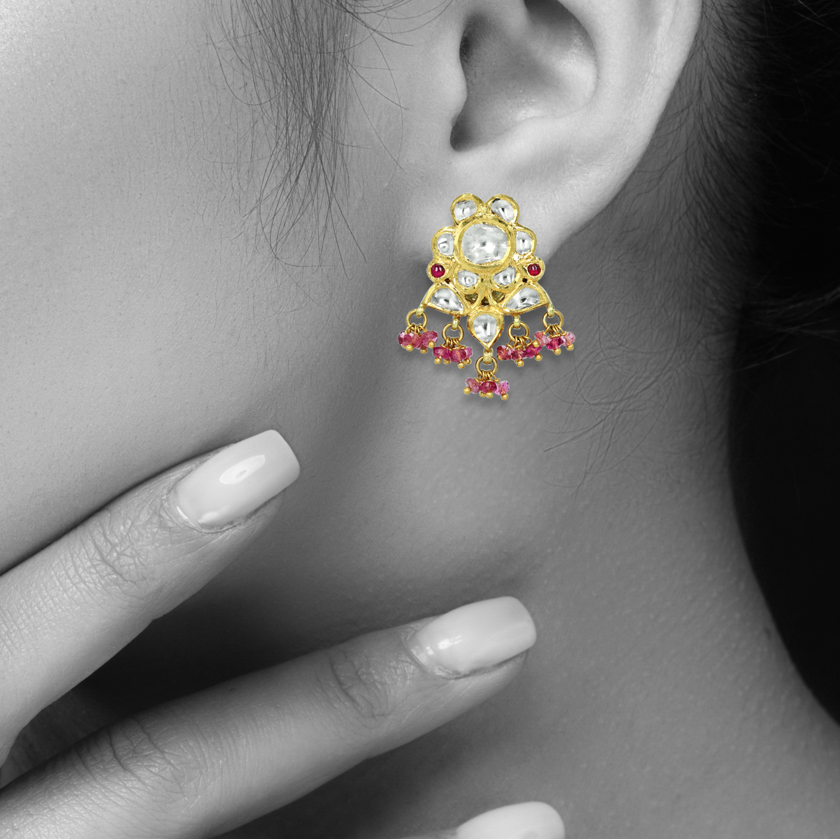 Floral Polki Stud Earrings with Tourmaline Beads and Ruby Accents